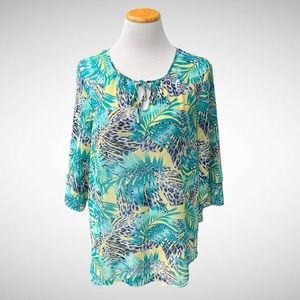 Chico’s Sheer Tie Neck Blouse Pullover Tiered Sleeves